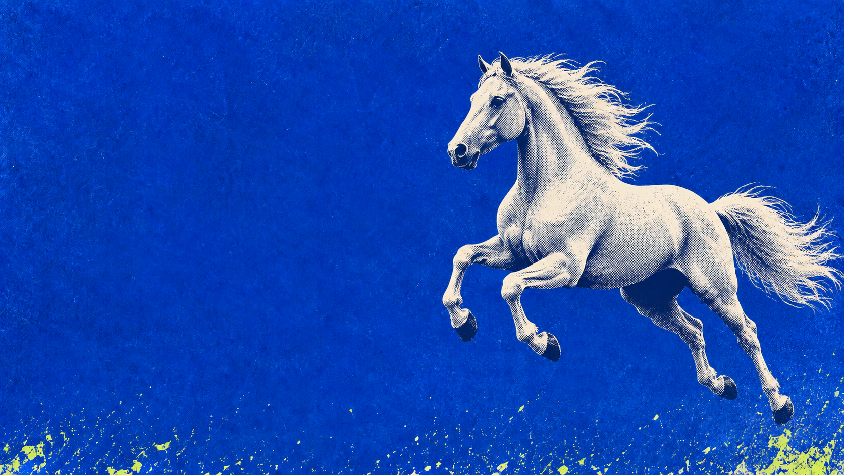 Cobalt halftone horse. Ivory wildlife in striking cobalt screenprint.