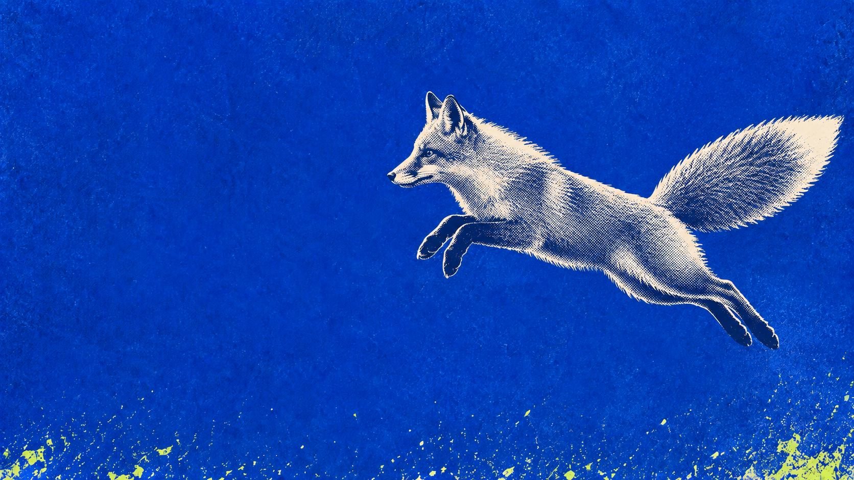 Cobalt halftone fox. Ivory wildlife in striking cobalt screenprint.