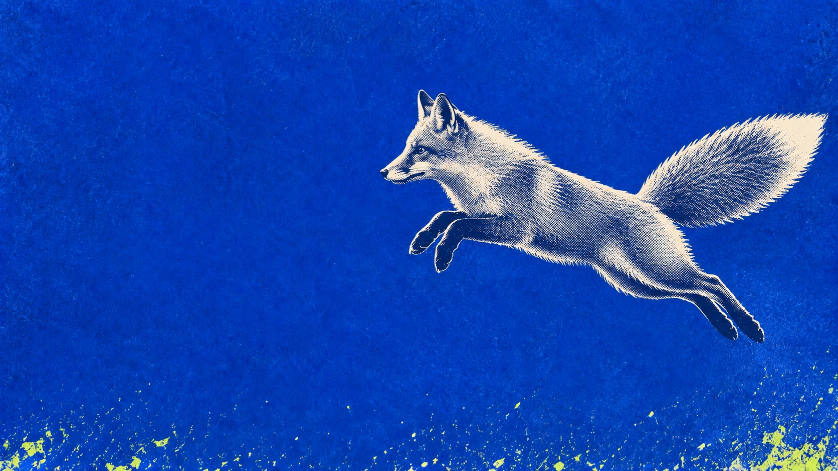 Cobalt halftone fox. Ivory wildlife in striking cobalt screenprint.