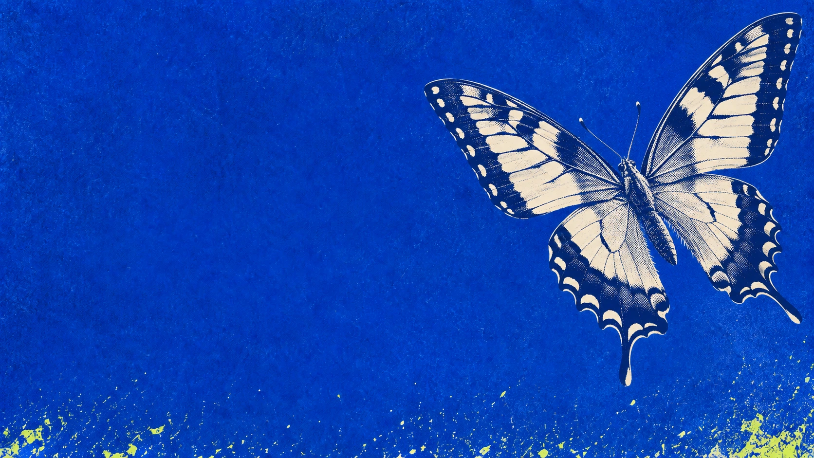 Cobalt halftone butterfly. Ivory wildlife in striking cobalt screenprint.
