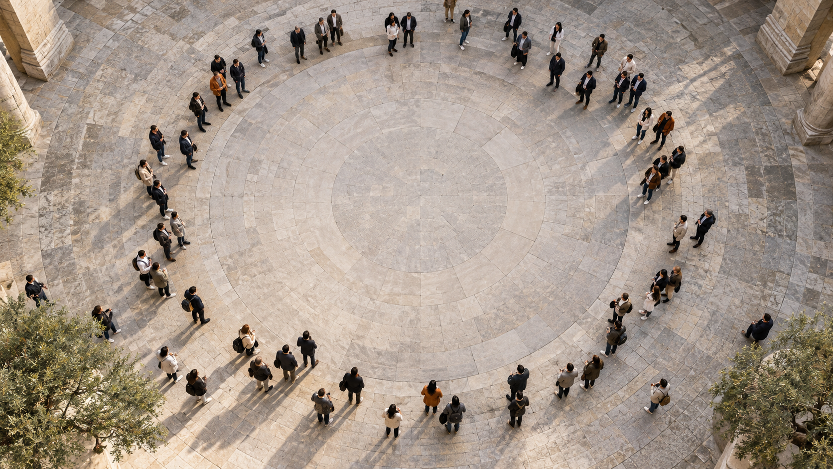 High overhead view of a small crowd gathered loosely in a ring around an empty circular stone courtyard, subtle varied neutral clothing.