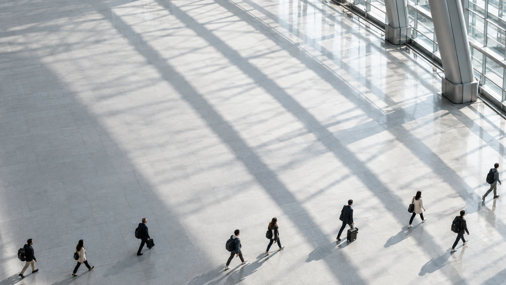 High-angle view of small commuters spaced along the lower edge of a vast clean station concourse, silver roof shadows forming broad diagonal lines.