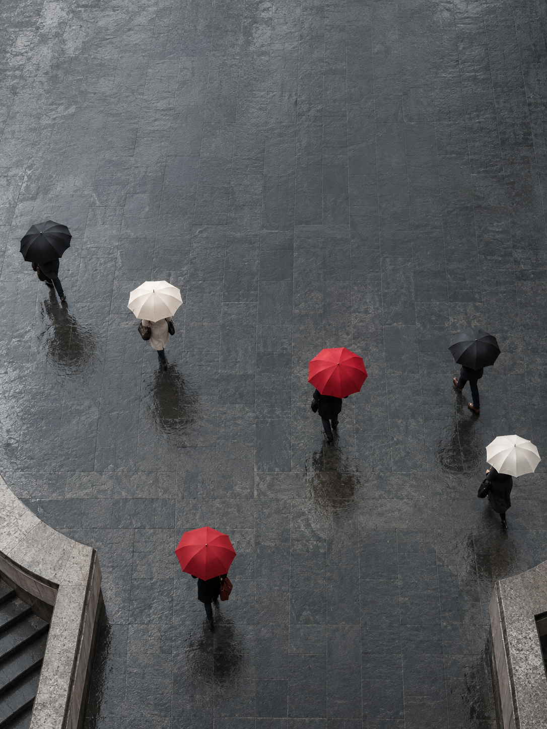 Direct overhead view of a small crowd with distinct ivory, black and red umbrellas walking across rain-dark stone, not a dense pattern.