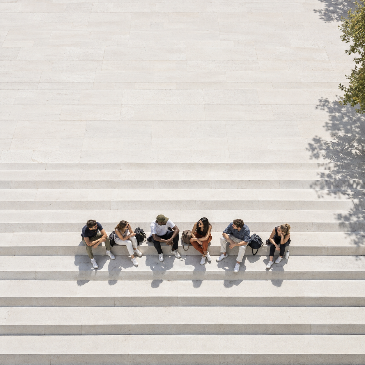 Distant overhead view of a group of adult friends loosely seated along one broad white architectural stair, otherwise empty expansive steps.