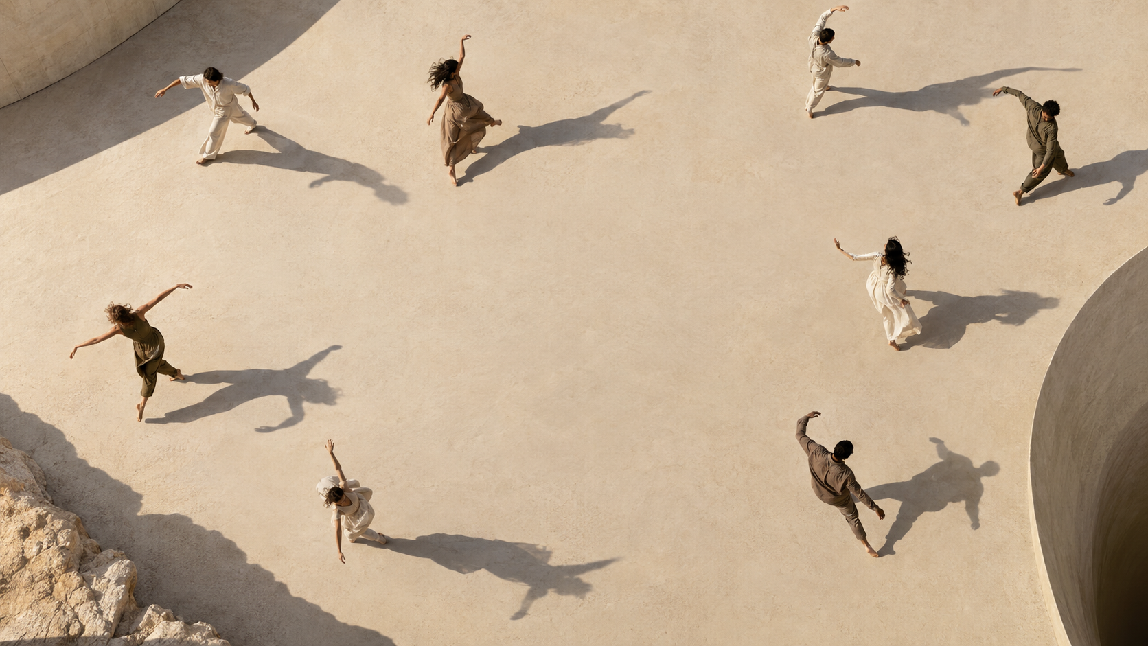 Overhead editorial photo of scattered adult dancers in neutral clothes casting dramatic long shadows on pale sand, natural varied poses.