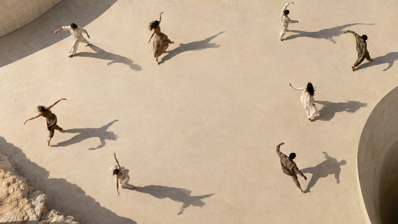 Overhead editorial photo of scattered adult dancers in neutral clothes casting dramatic long shadows on pale sand, natural varied poses.