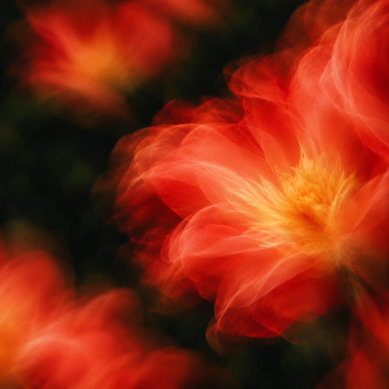 Vivid coral petals drifting into deep botanical shadow. Service, journal or feature card.