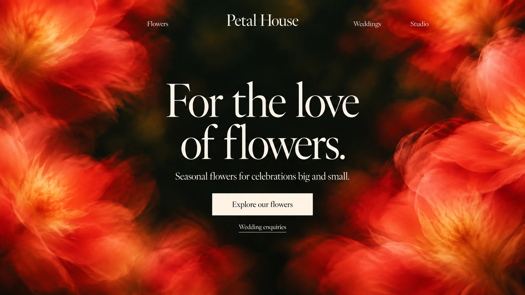 Petal House · Contemporary floral studio. Static website hero mockup using Coral bloom imagery.