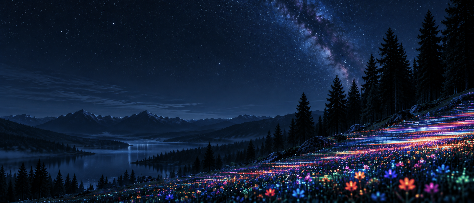 An imaginative forest of luminous digital wildflowers. Alternate hero with copy on left.