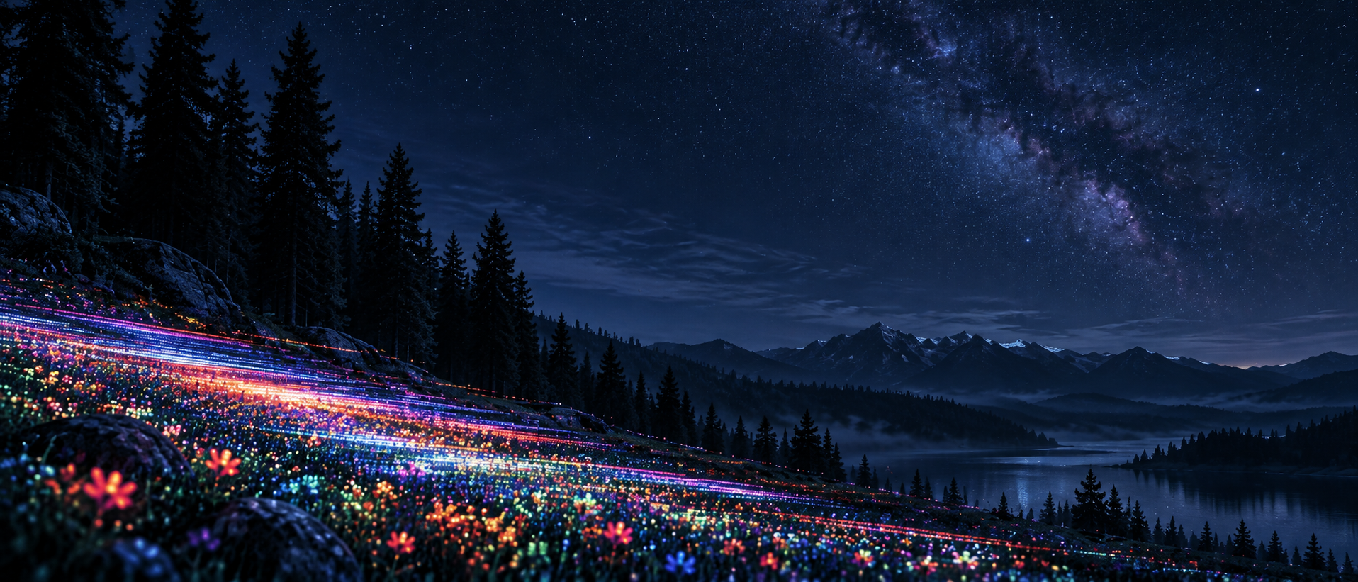 An imaginative forest of luminous digital wildflowers. Alternate hero with copy on right.