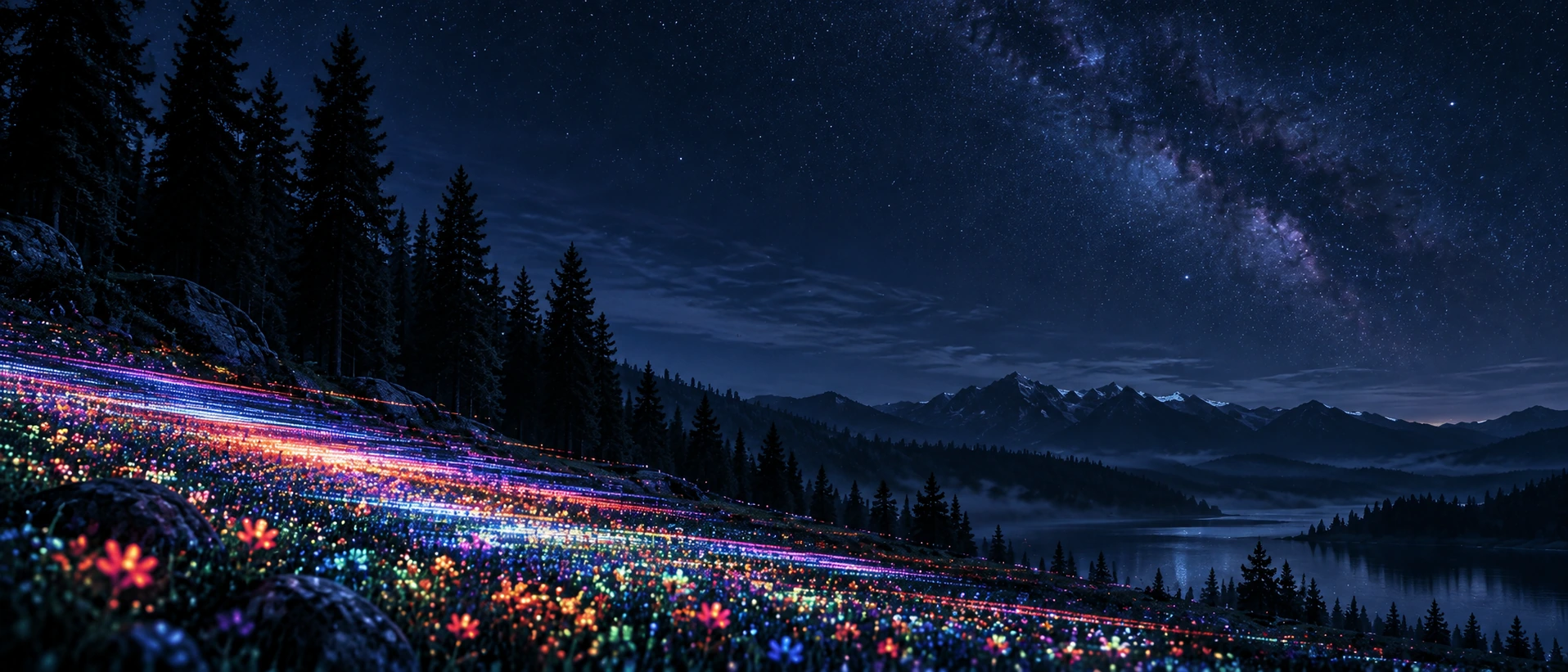 An imaginative forest of luminous digital wildflowers. Alternate hero with copy on right.