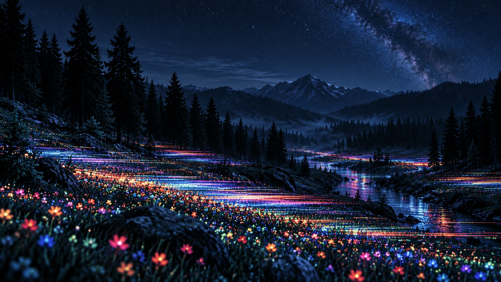 An imaginative forest of luminous digital wildflowers. About or editorial section image.