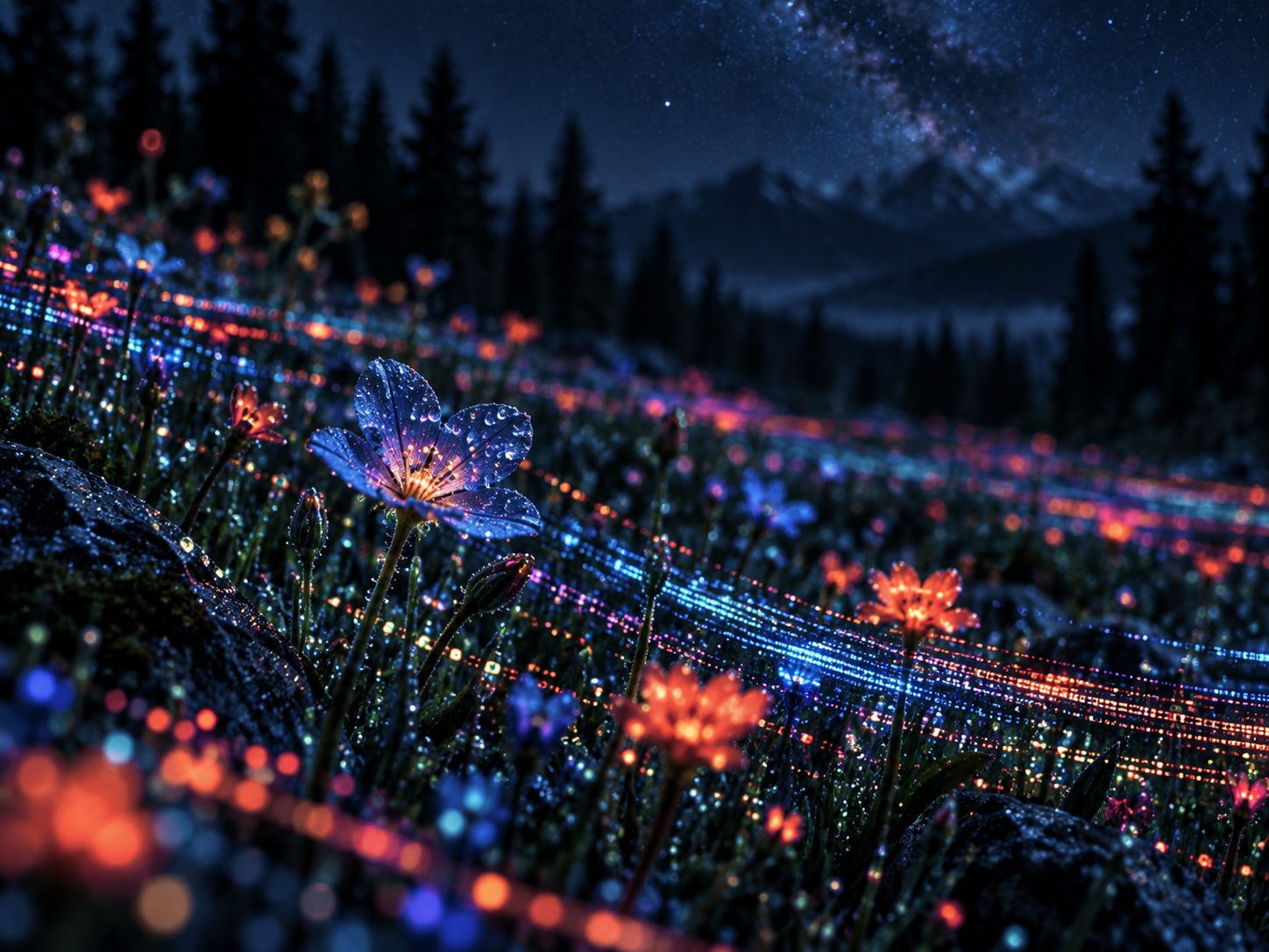 An imaginative forest of luminous digital wildflowers. Detail image beside feature or story text.