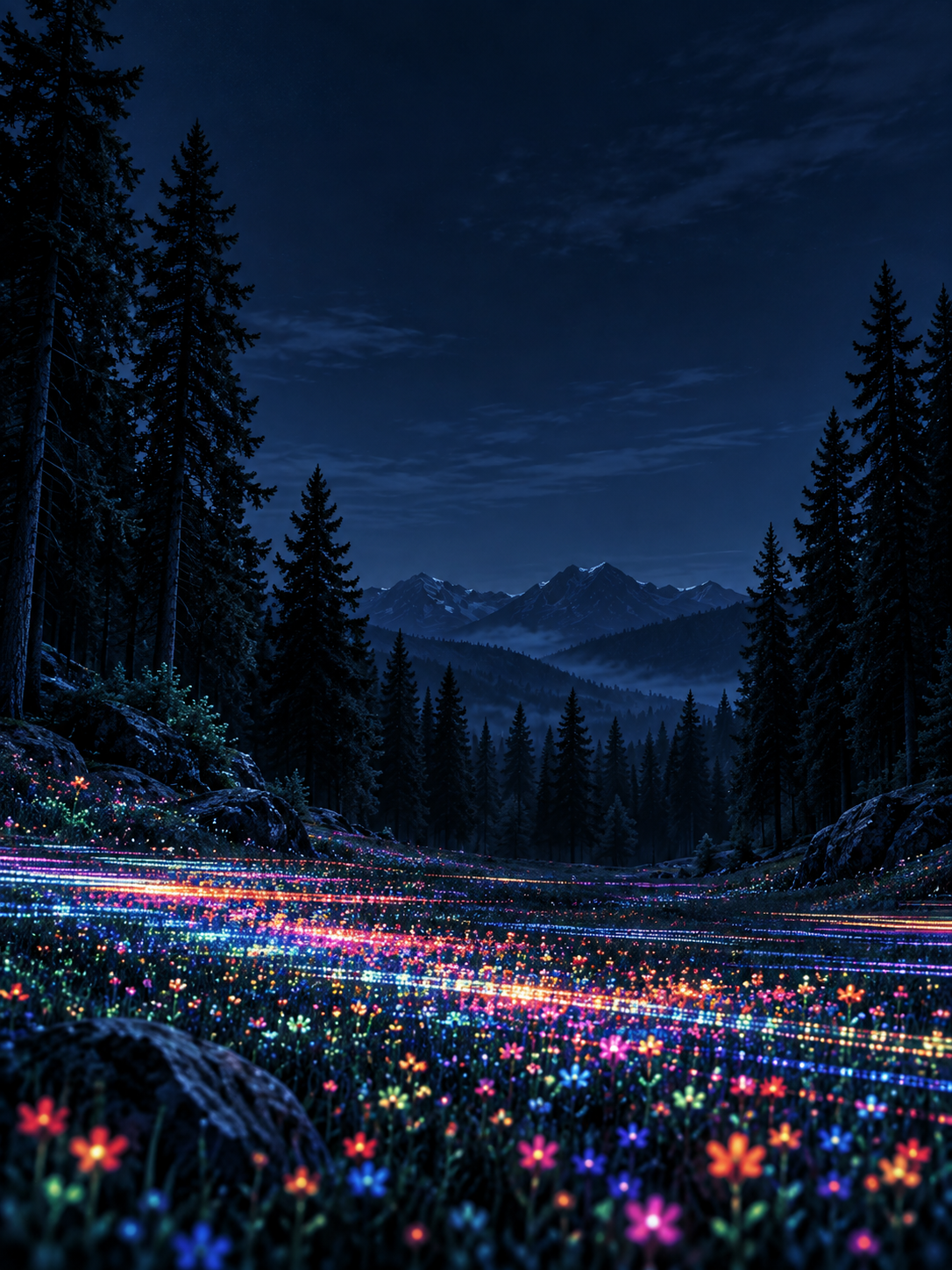 An imaginative forest of luminous digital wildflowers. Mobile hero or tall editorial panel.
