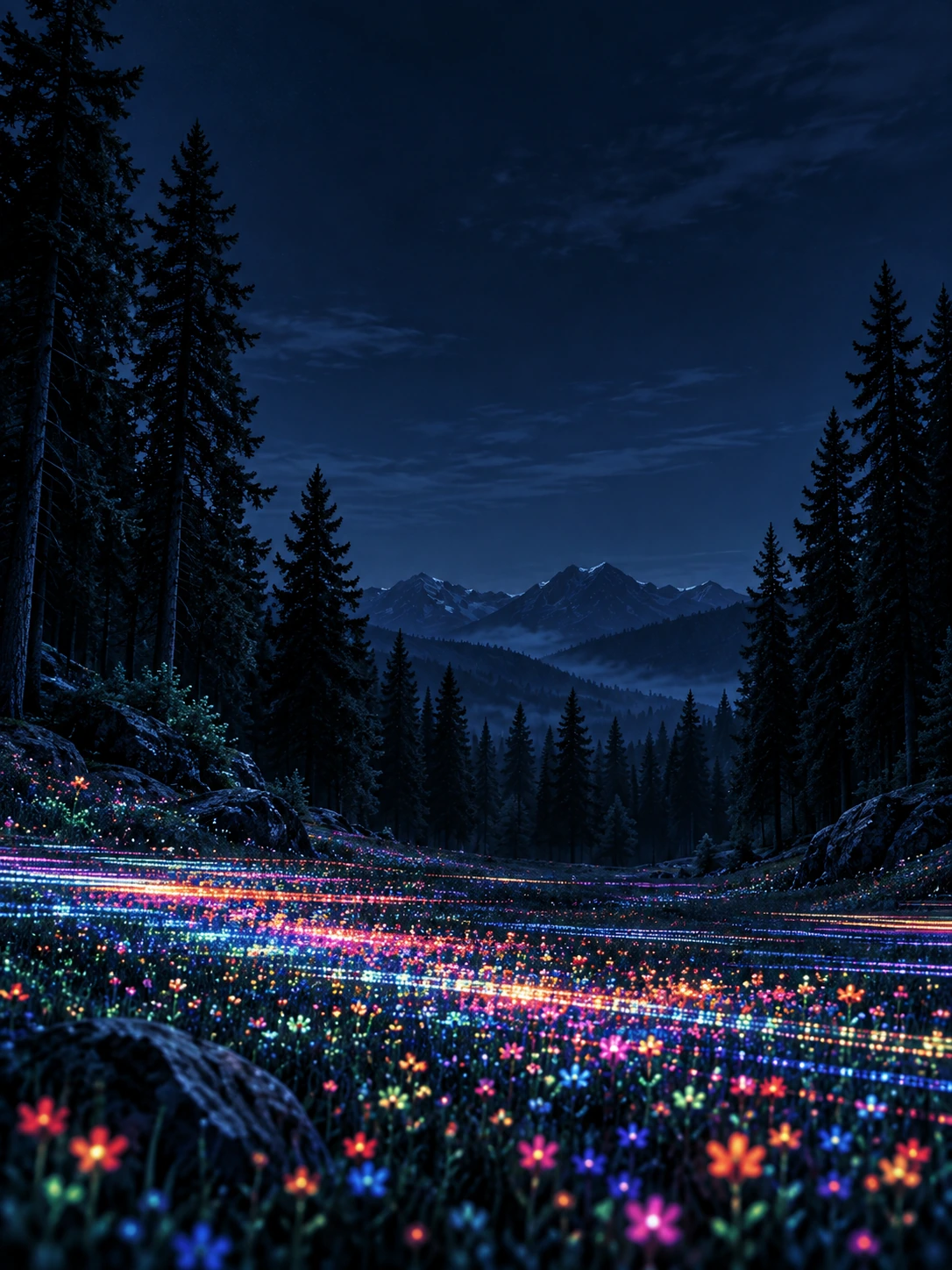 An imaginative forest of luminous digital wildflowers. Mobile hero or tall editorial panel.
