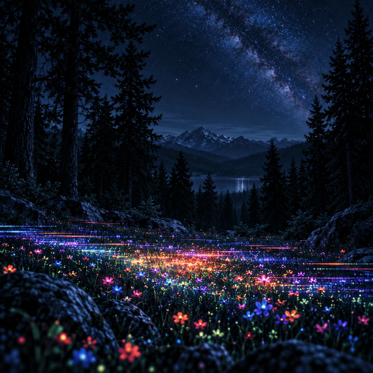 An imaginative forest of luminous digital wildflowers. Service, journal or feature card.