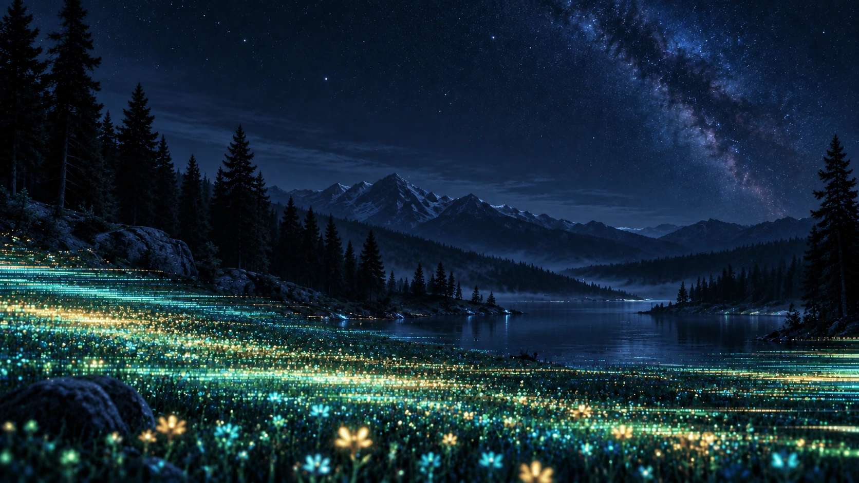 An imaginative forest of luminous digital wildflowers. Secondary color treatment within the same collection.