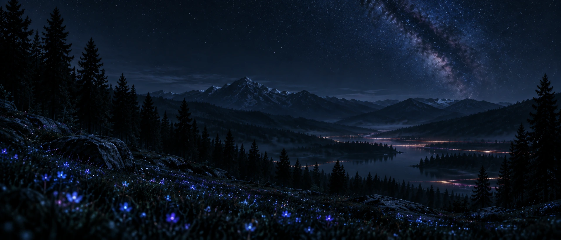 An imaginative forest of luminous digital wildflowers. Dark section or closing banner.
