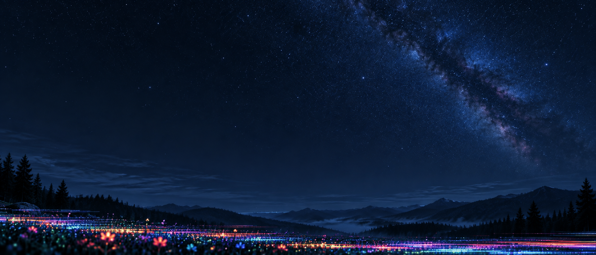 An imaginative forest of luminous digital wildflowers. Low-detail section background or divider.