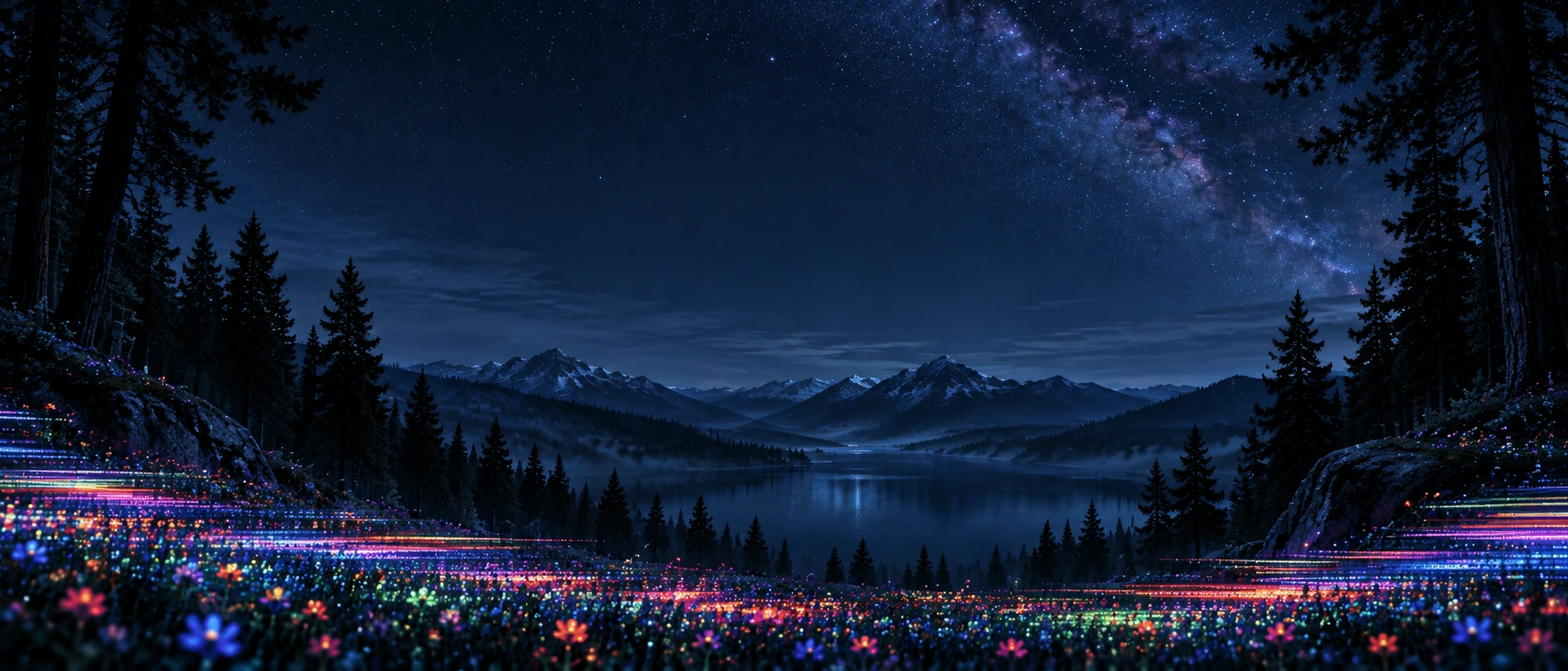An imaginative forest of luminous digital wildflowers. Closing call-to-action or signup section.