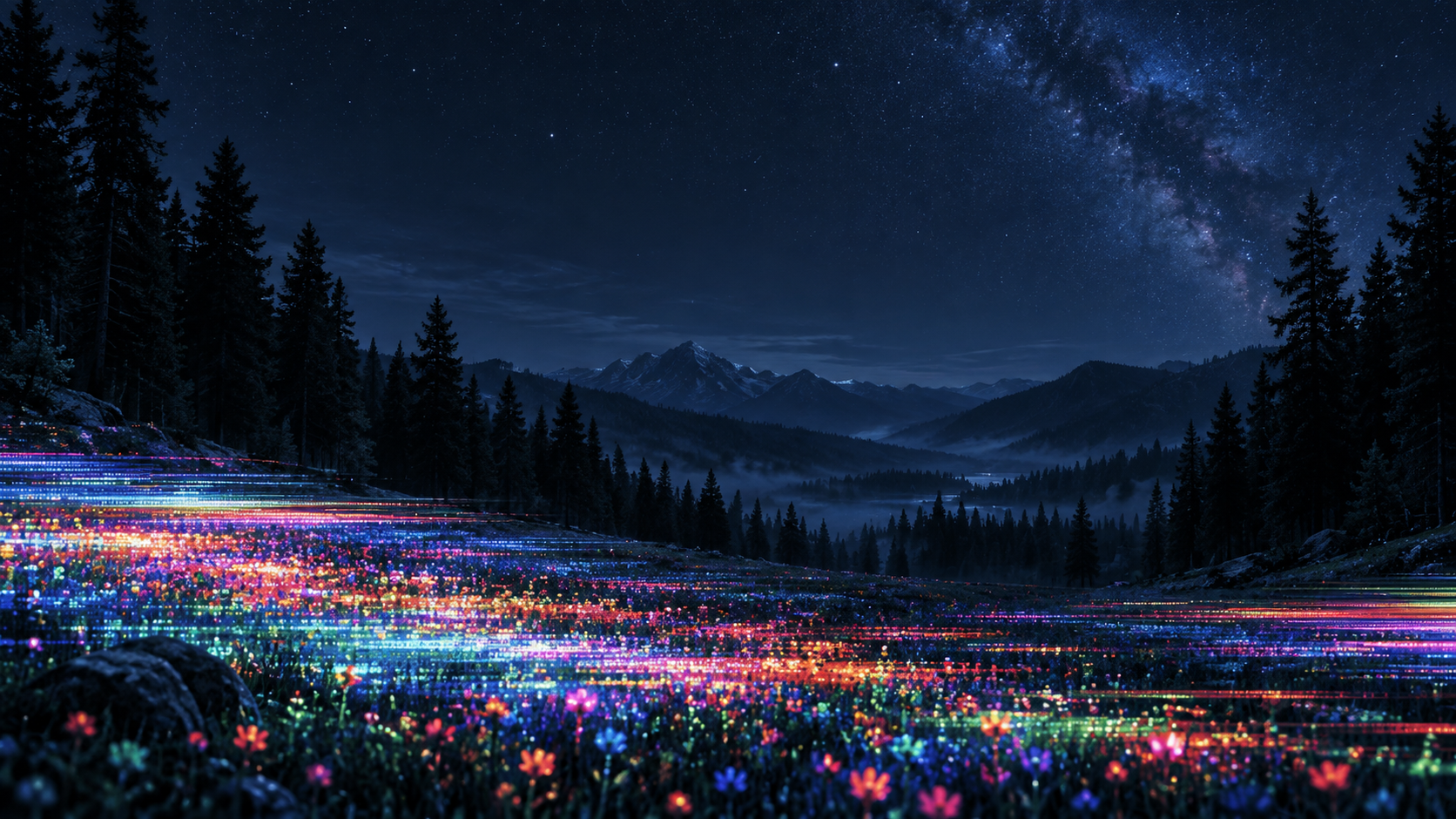 An imaginative forest of luminous digital wildflowers. Main background.