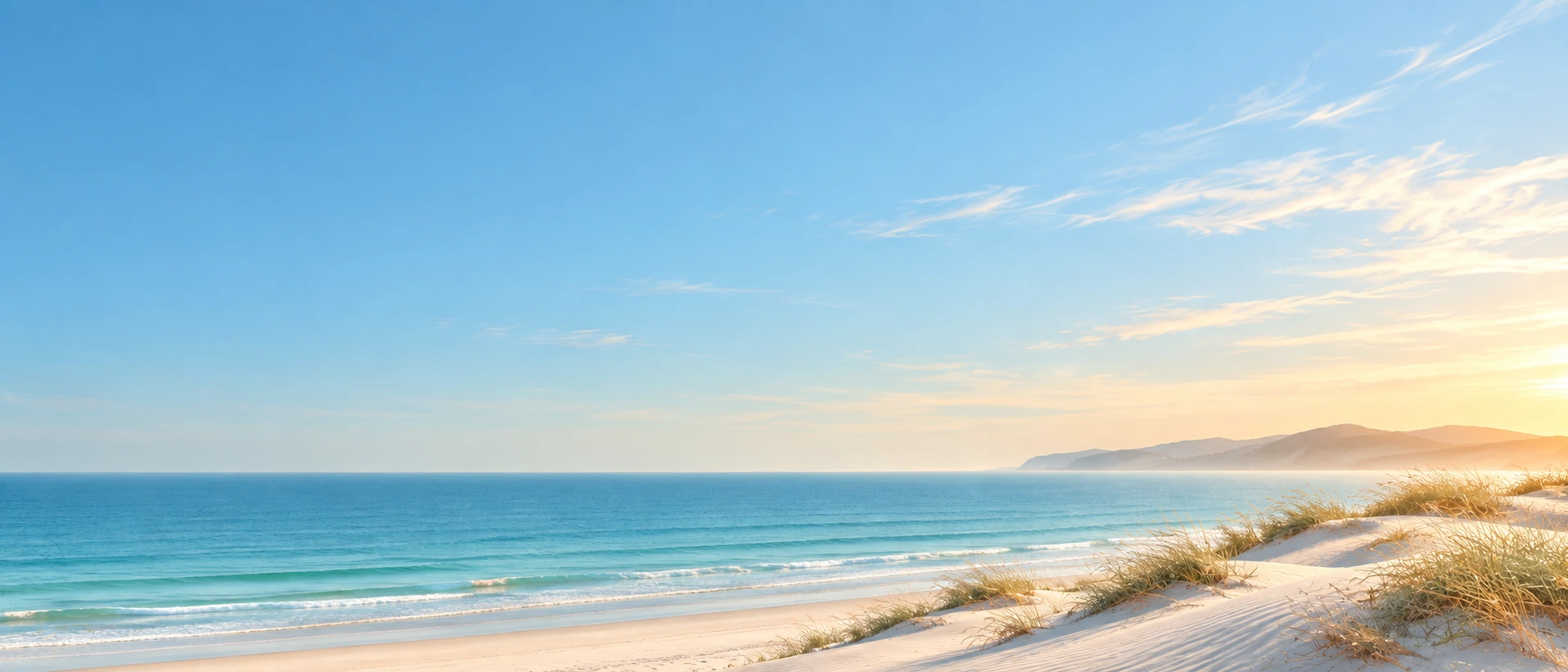 Coastal dunes meeting bright sky and open sea. Alternate hero with copy on left.