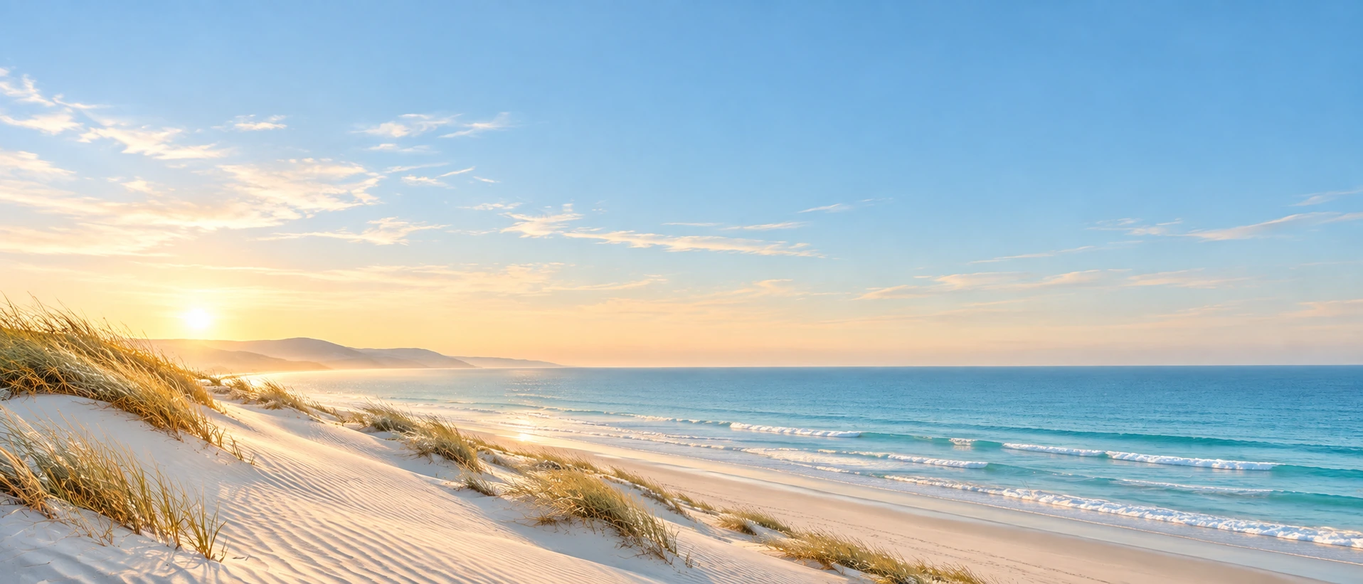 Coastal dunes meeting bright sky and open sea. Alternate hero with copy on right.