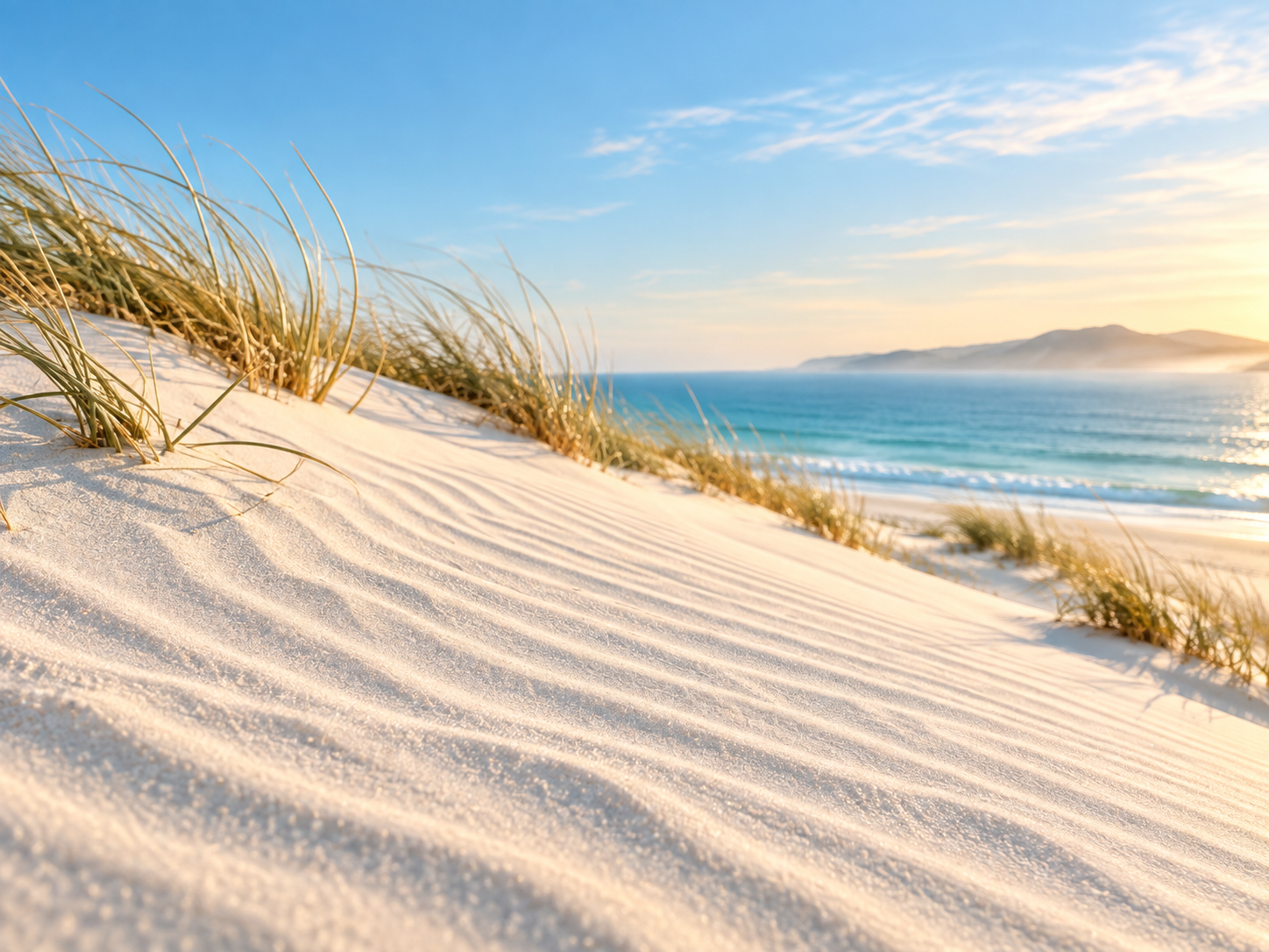 Coastal dunes meeting bright sky and open sea. Detail image beside feature or story text.