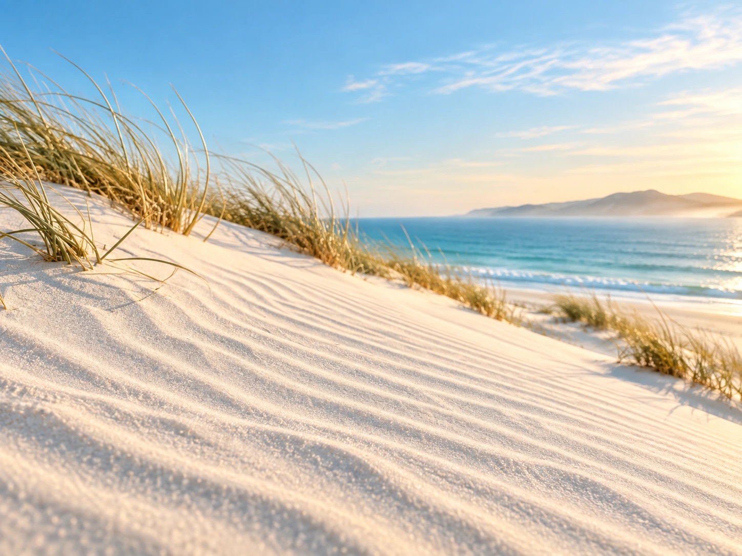 Coastal dunes meeting bright sky and open sea. Detail image beside feature or story text.