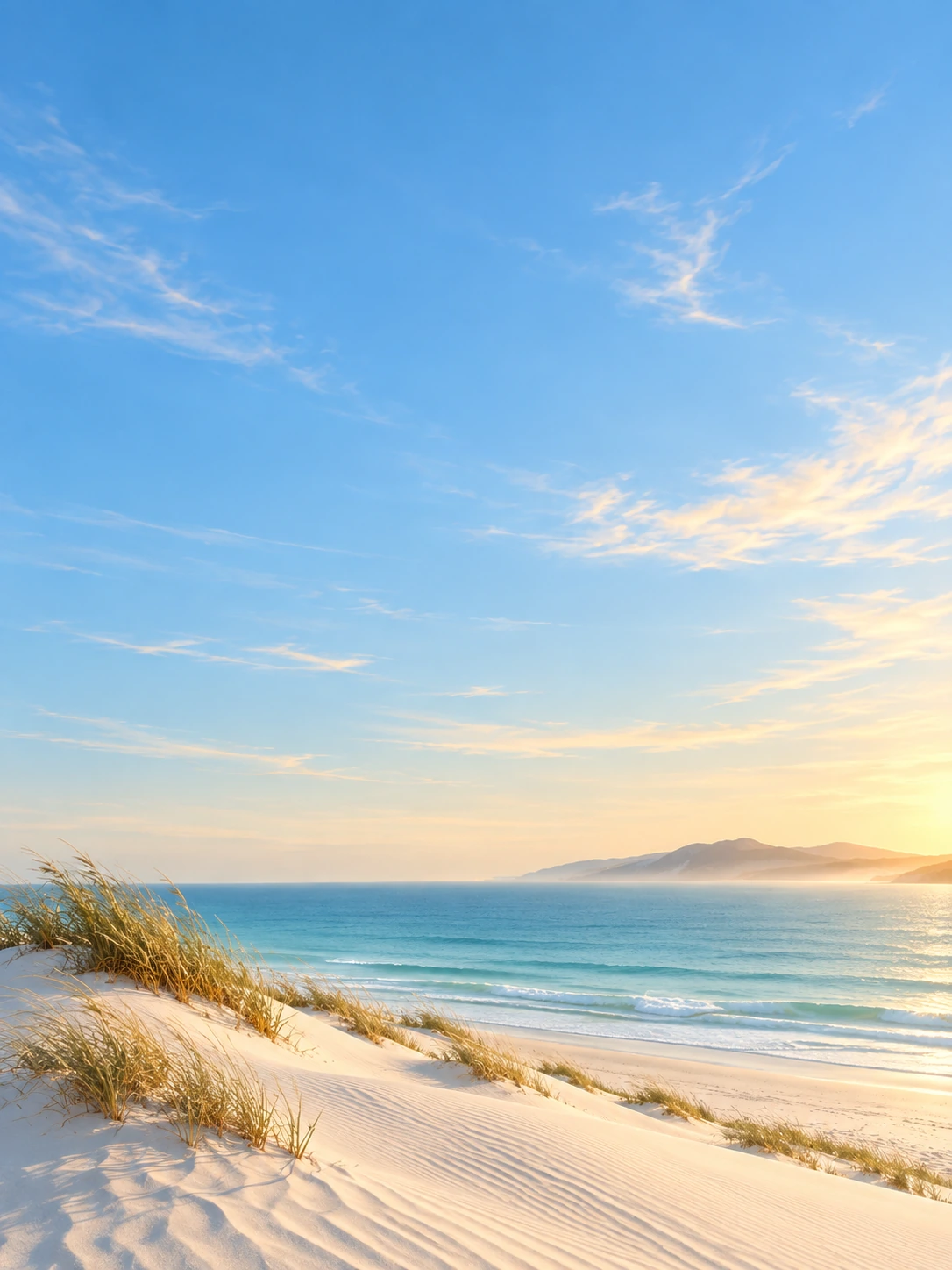 Coastal dunes meeting bright sky and open sea. Mobile hero or tall editorial panel.