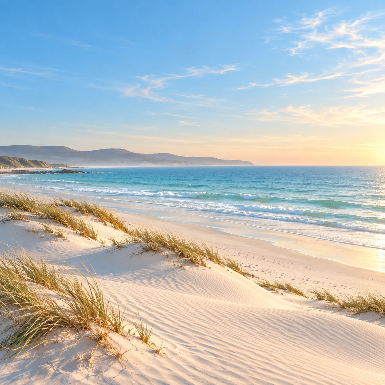Coastal dunes meeting bright sky and open sea. Service, journal or feature card.
