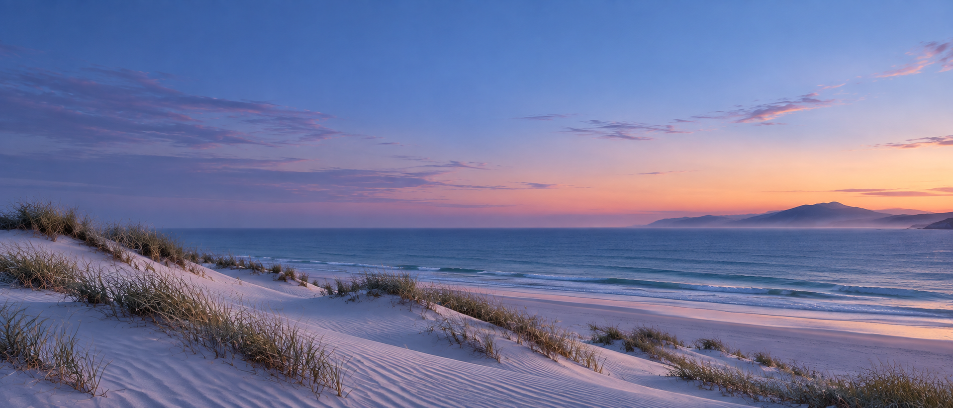 Coastal dunes meeting bright sky and open sea. Dark section or closing banner.