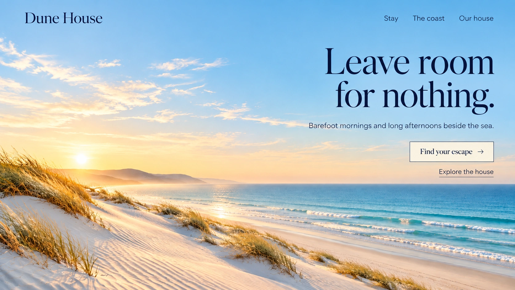 Dune House · Coastal guesthouse. Static website hero mockup using Dune light & sea imagery.
