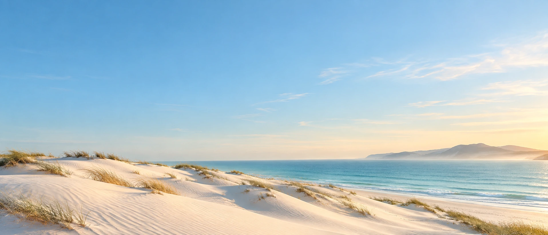 Coastal dunes meeting bright sky and open sea. Main background.