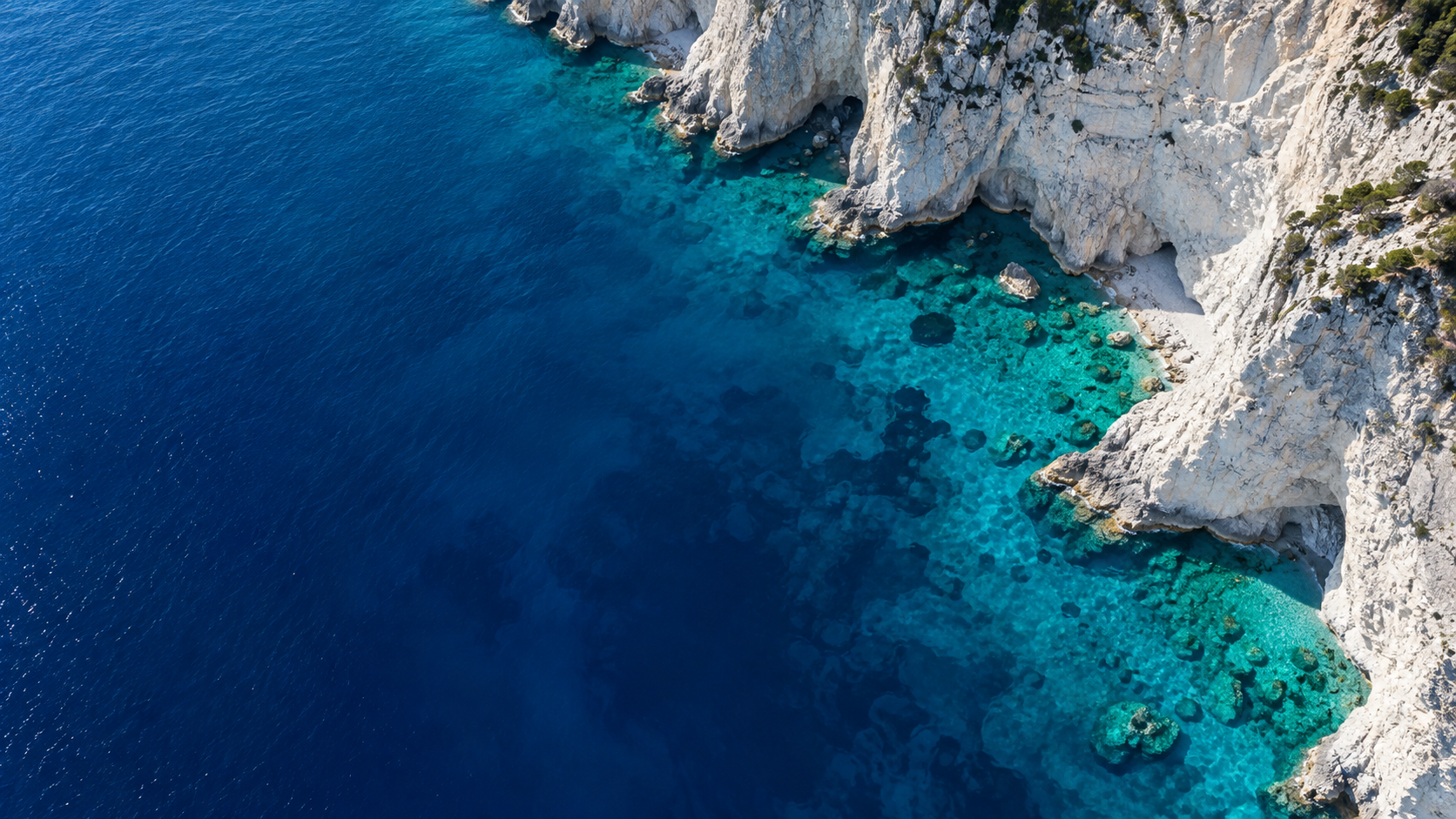 Aerial view of chalk-white coastal limestone meeting impossibly clear deep blue sea along a crisp diagonal shoreline.