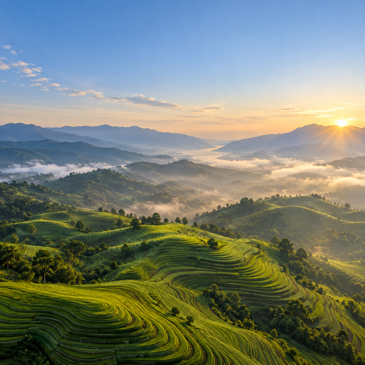 High aerial view of flowing natural green hillside terraces in morning light, elegant contours and sparse tiny trees.