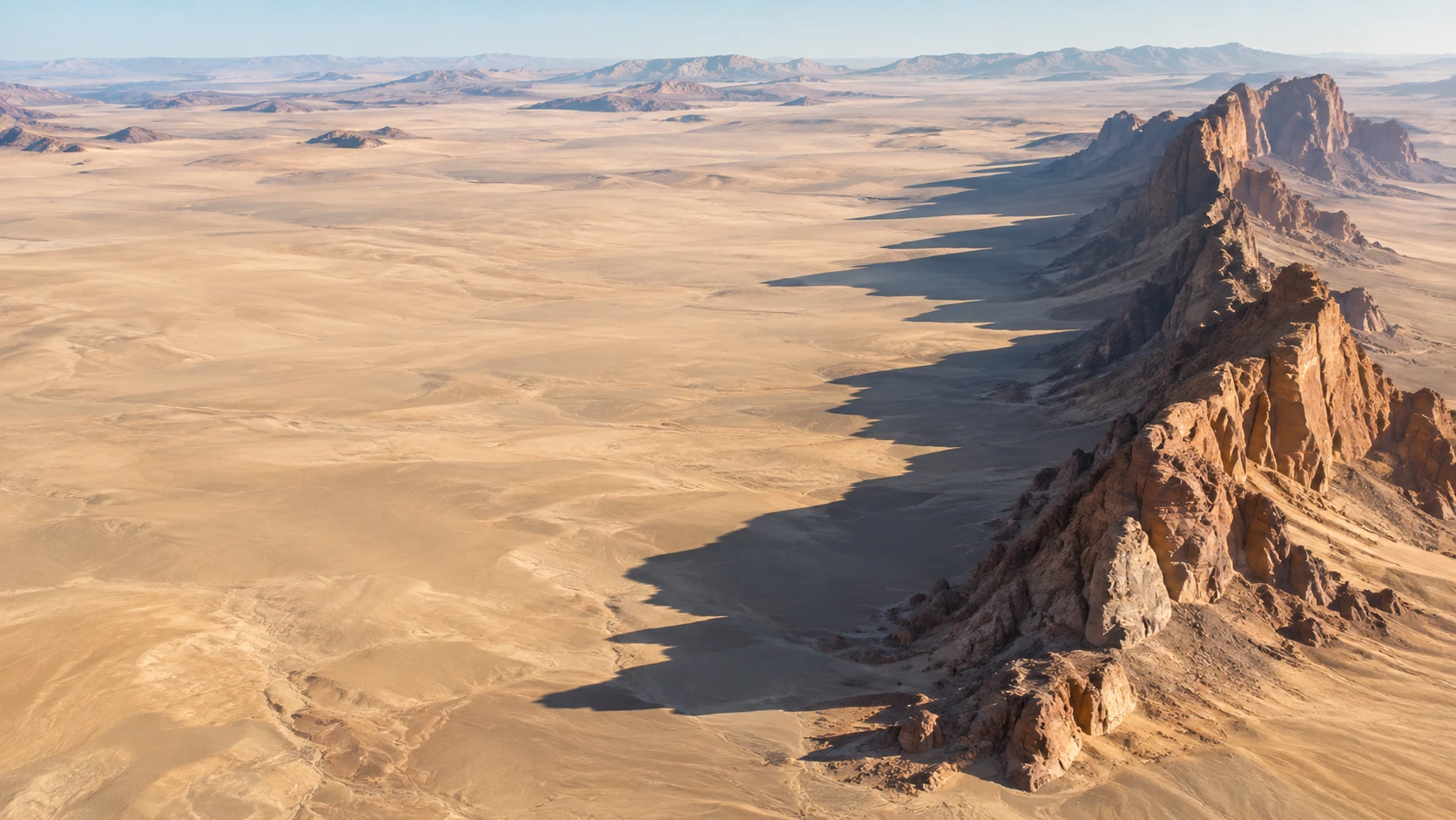 One monumental isolated sandstone ridge casts a long sharp shadow across a broad empty pale desert, high aerial photograph.