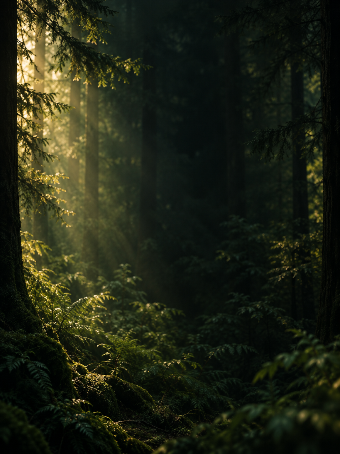 Dappled green light and natural, quiet depth. Mobile hero or tall editorial panel.