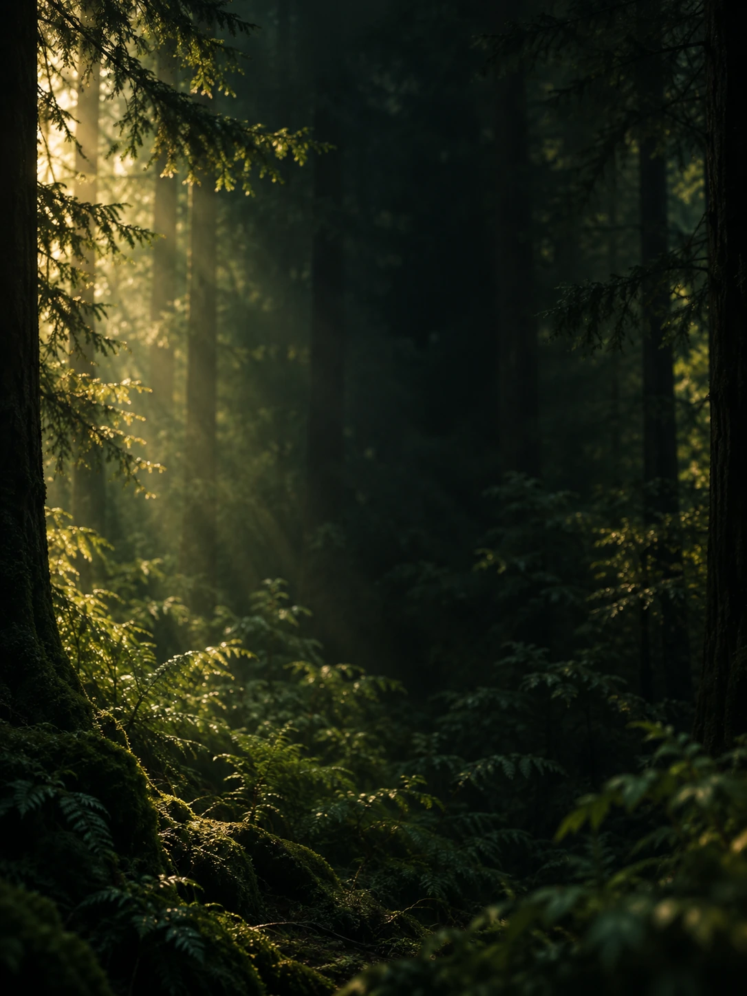 Dappled green light and natural, quiet depth. Mobile hero or tall editorial panel.