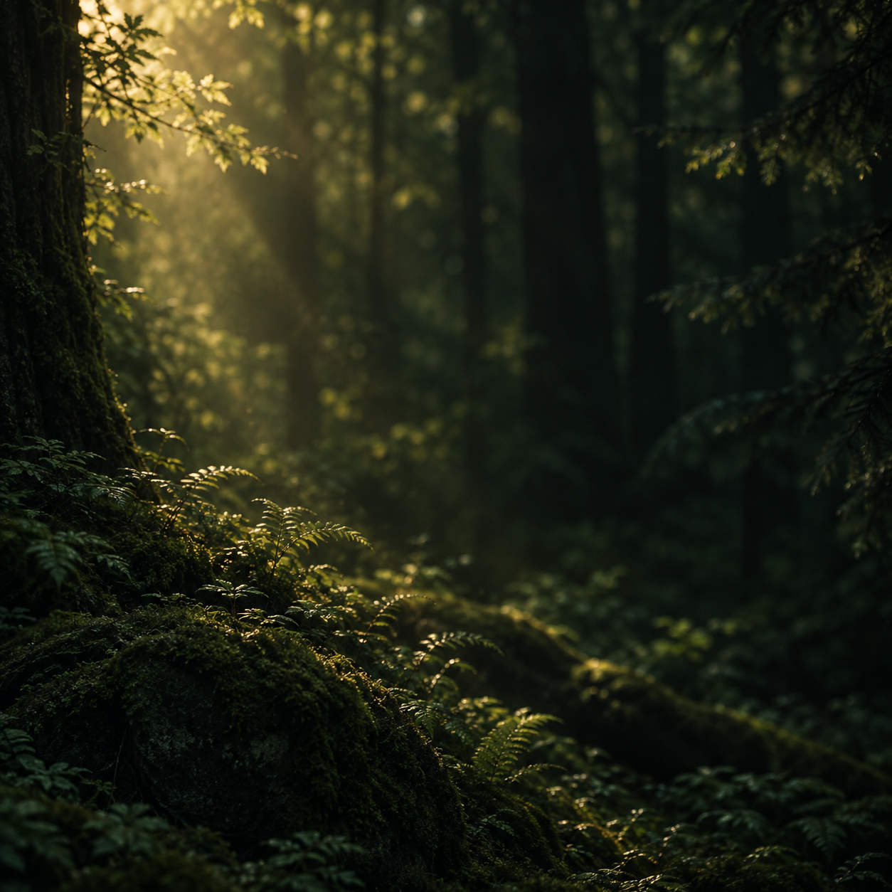 Dappled green light and natural, quiet depth. Service, journal or feature card.