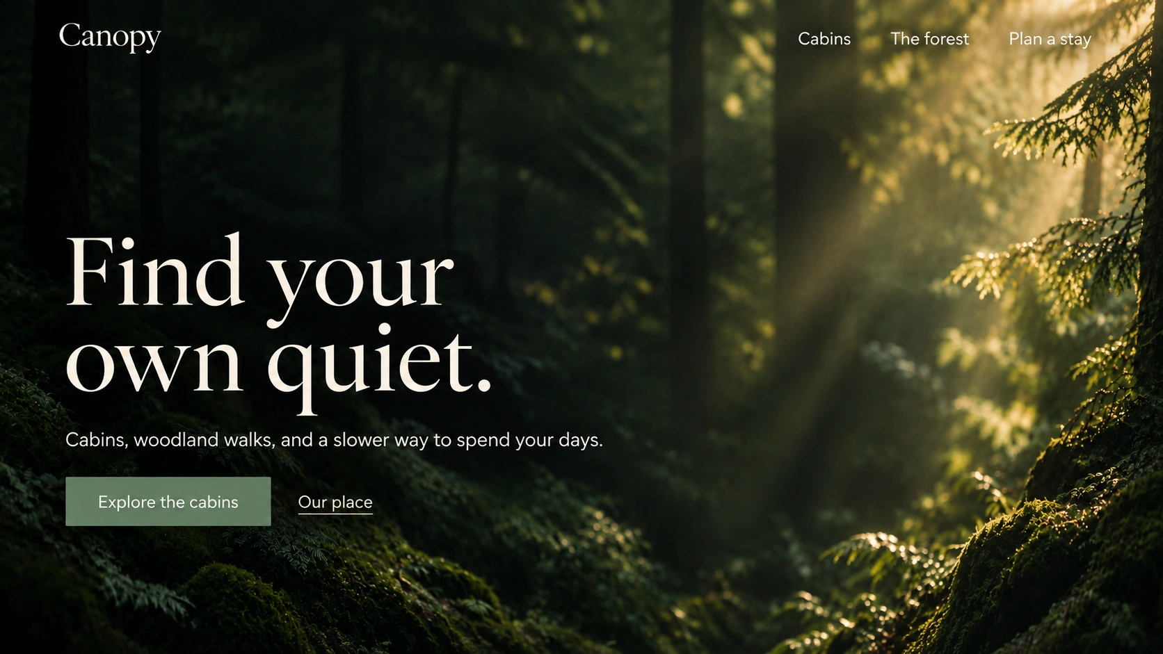 Canopy · Forest retreat. Static website hero mockup using Emerald dappled calm imagery.