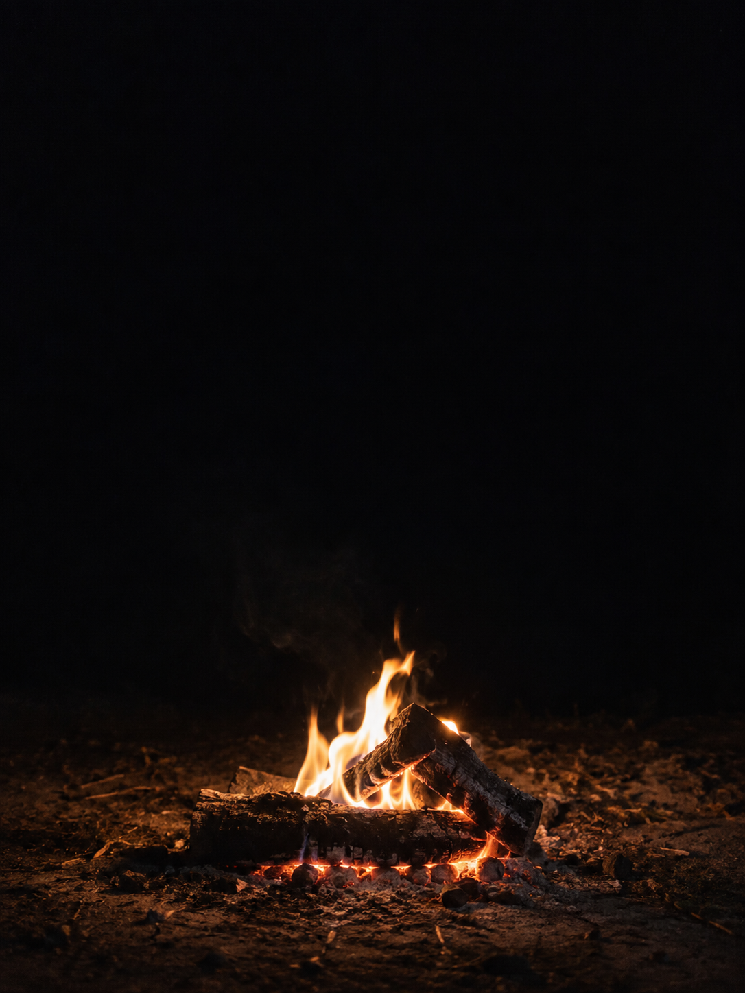 A small grounded campfire sits low in a tall dark frame.
