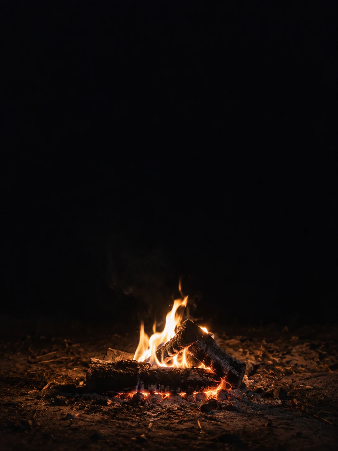 A small grounded campfire sits low in a tall dark frame.