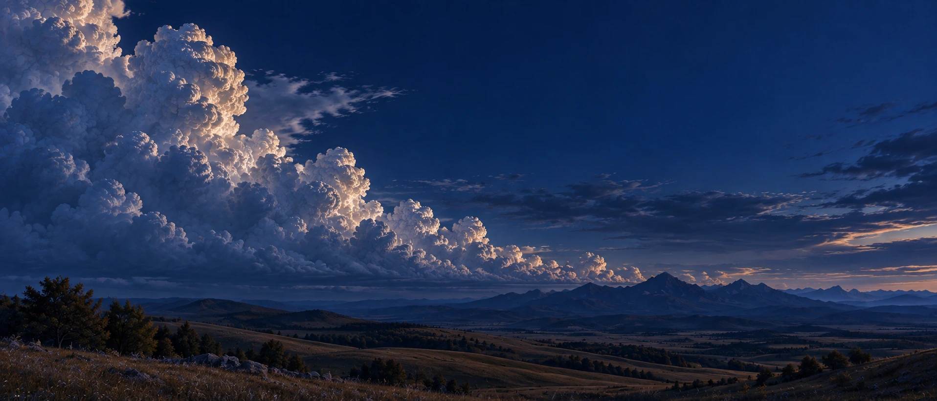 Dreamlike skies with a sunlit golden cloud. Dark section or closing banner.
