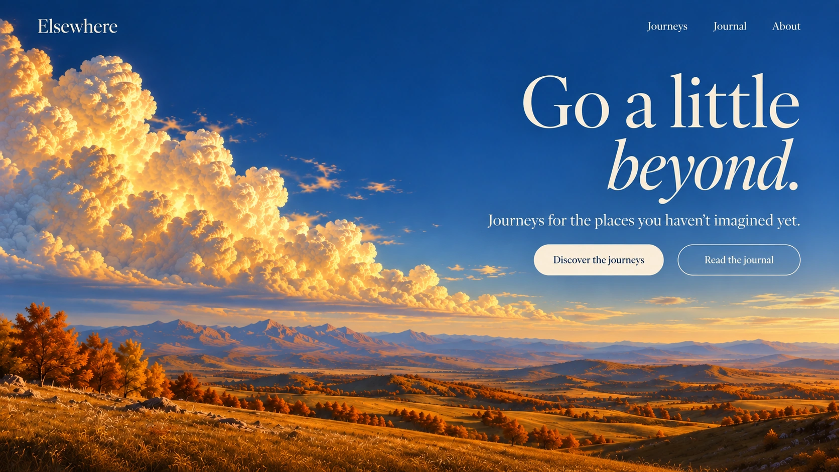 Elsewhere · Independent travel journal. Static website hero mockup using Golden cloud imagery.