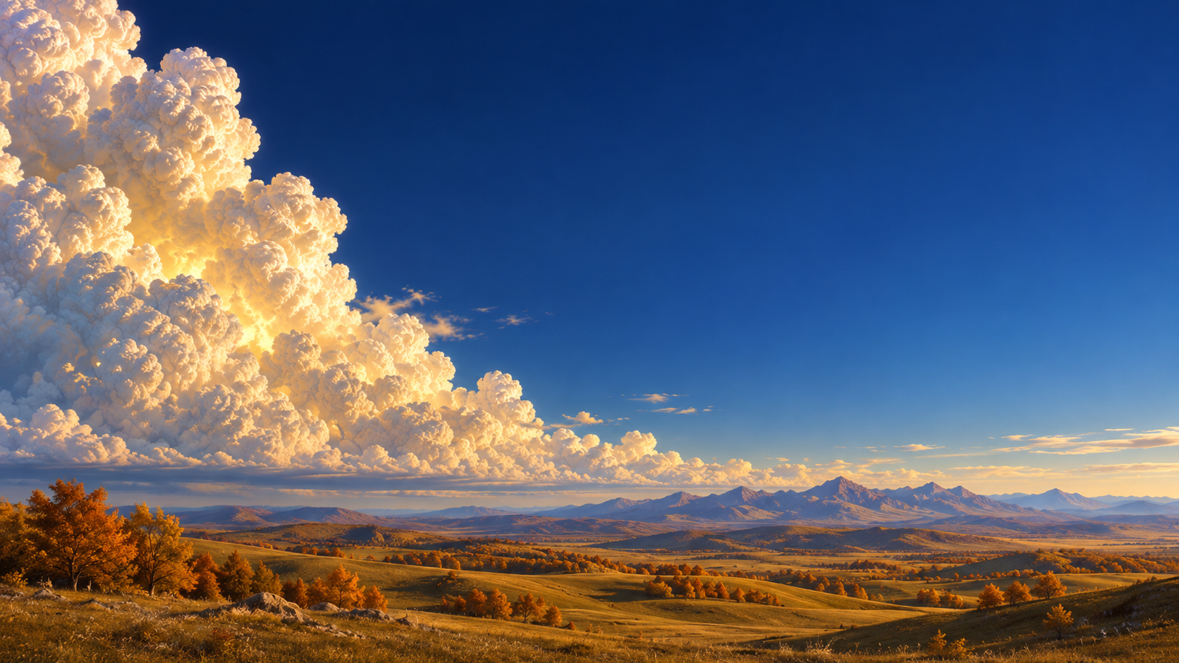 Dreamlike skies with a sunlit golden cloud. Main background.