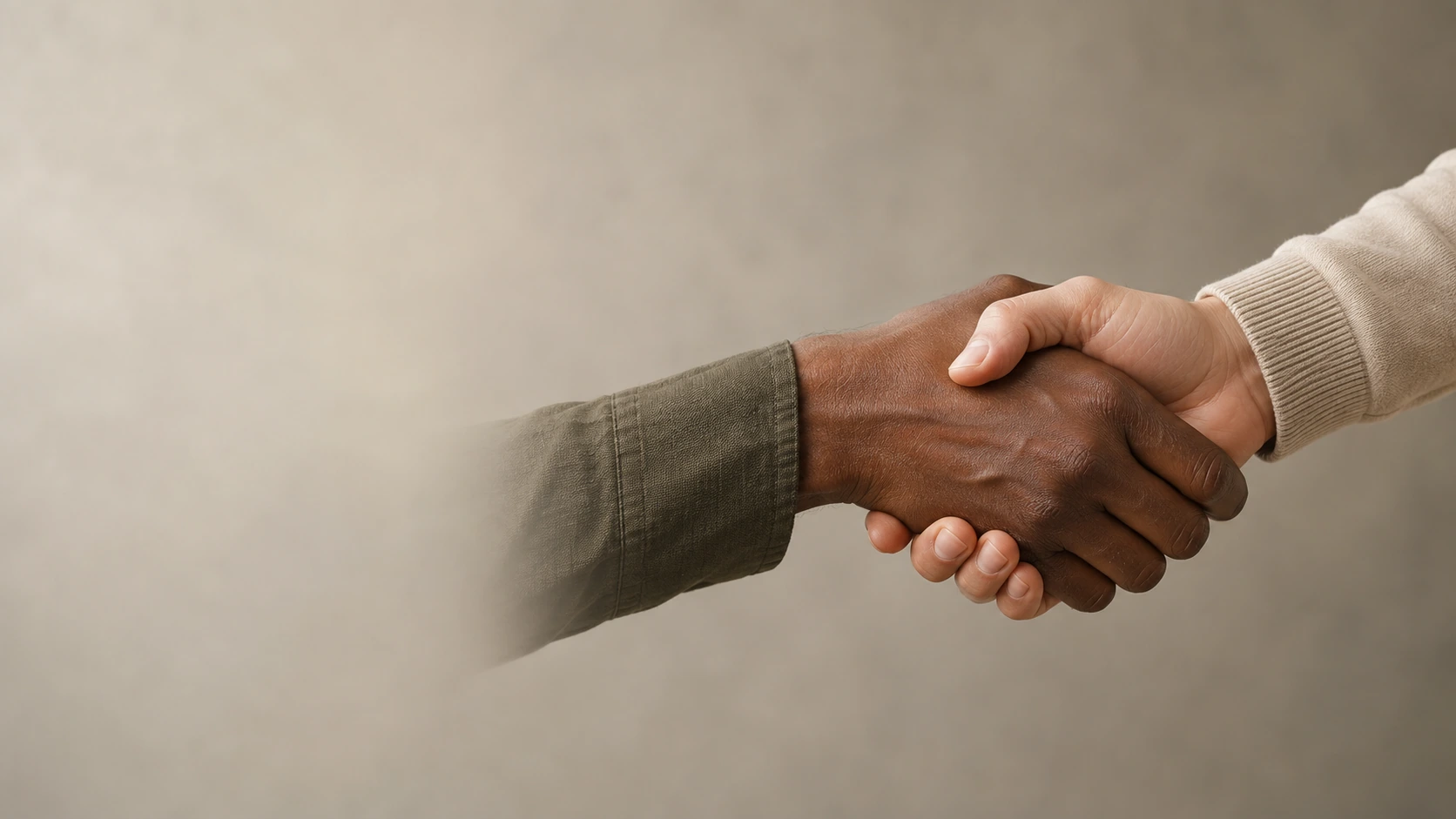 Close-up of exactly two adults exchanging a natural handshake on the right of a softly lit warm-gray studio backdrop; one dark-skinned and one light-skinned hand, sleeves simple and unbranded.