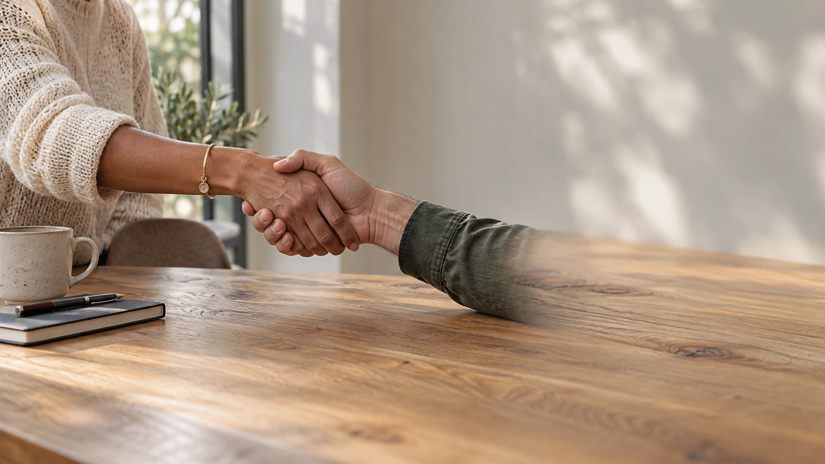 Exactly two adult collaborators seated on opposite sides of a wide oak table clasp hands in greeting near the right side; crop faces out, soft window light.