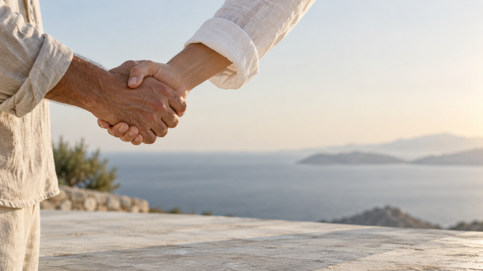 Exactly two adults in relaxed linen sleeves exchange a side-view handshake above a pale stone surface, tightly composed on the left, faces out of frame.