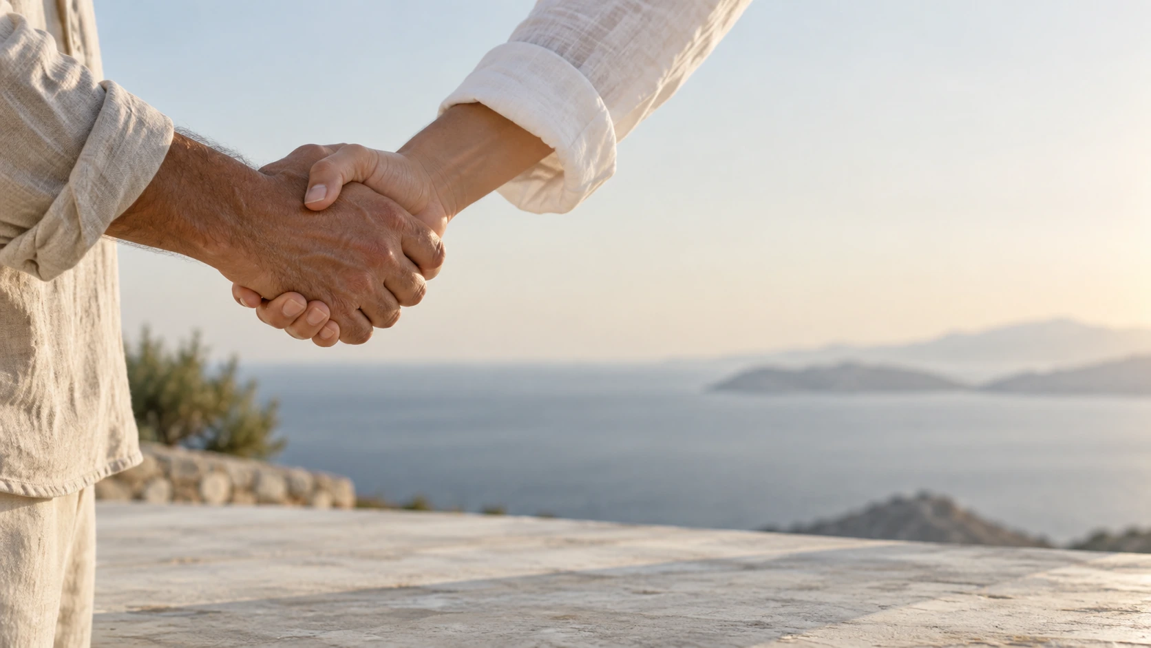 Exactly two adults in relaxed linen sleeves exchange a side-view handshake above a pale stone surface, tightly composed on the left, faces out of frame.